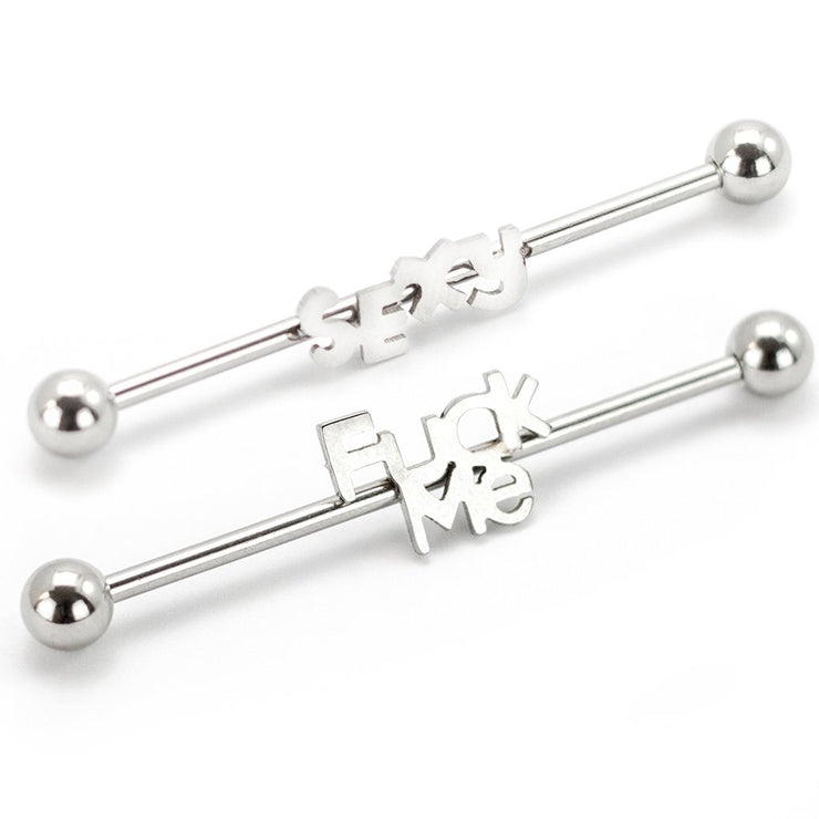 Pierce2GO 2 Pcs 14G Stainless Steel Industrial Piercings Centered Sexy and Fuck Me 1 1/2" Barbell Length