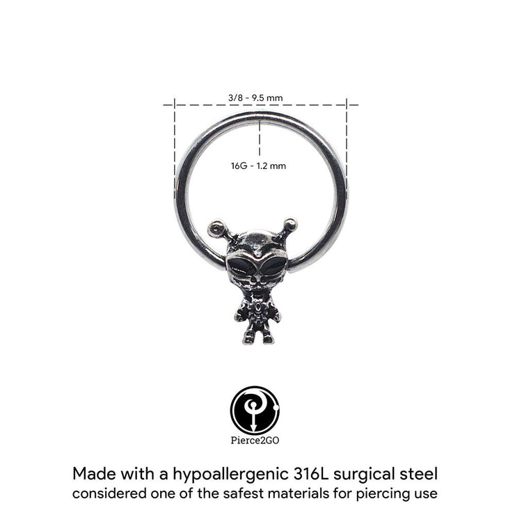 Pierce2GO Silver 16G 2Pcs 316L Stainless Steel Alien Captive Bead Ring 3/8" Body Piercing Jewelry for Women