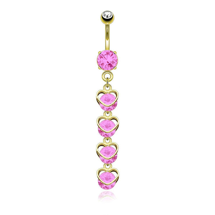 Heart Cascade with Clear CZ Belly Button Ring Piercing Navel Ring Barbell
