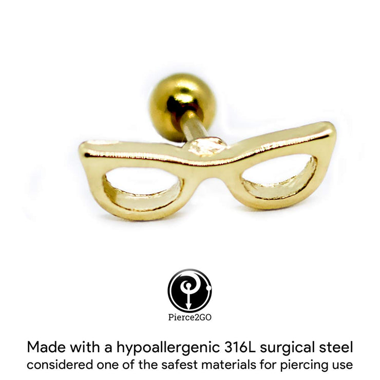 Pierce2GO 16G 1/4" Gold Sunglasses Cartilage Earring Tragus Ring Stud Body Piercing Jewelry Barbell
