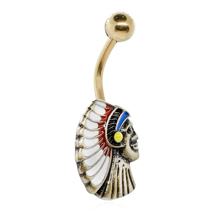 Pierce2GO Gold 14G 316L Surgical Steel Vintage Gold Cherokee Indian Chief Head Belly Button Navel Ring Barbell Body Piercing Jewelry