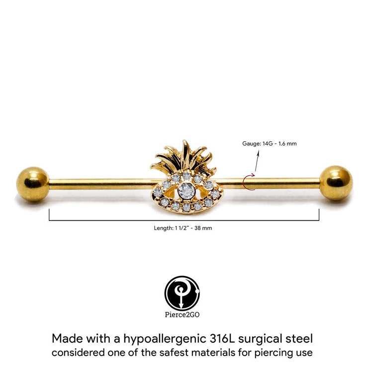 Pierce2Go Gold Stainless Steel 14G Industrial Barbell Ear Piercing Bar Eye Pineapple with Accented Clear Stones 1 1/2"