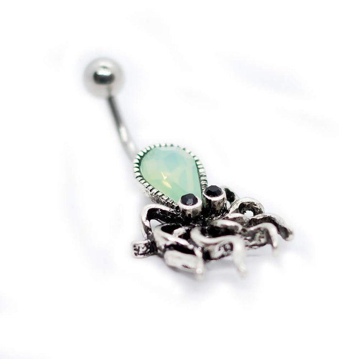 Pierce2GO Silver Octopus Belly Button Ring with Aqua Stone Woman Body Piercing Barbell Navel Ring