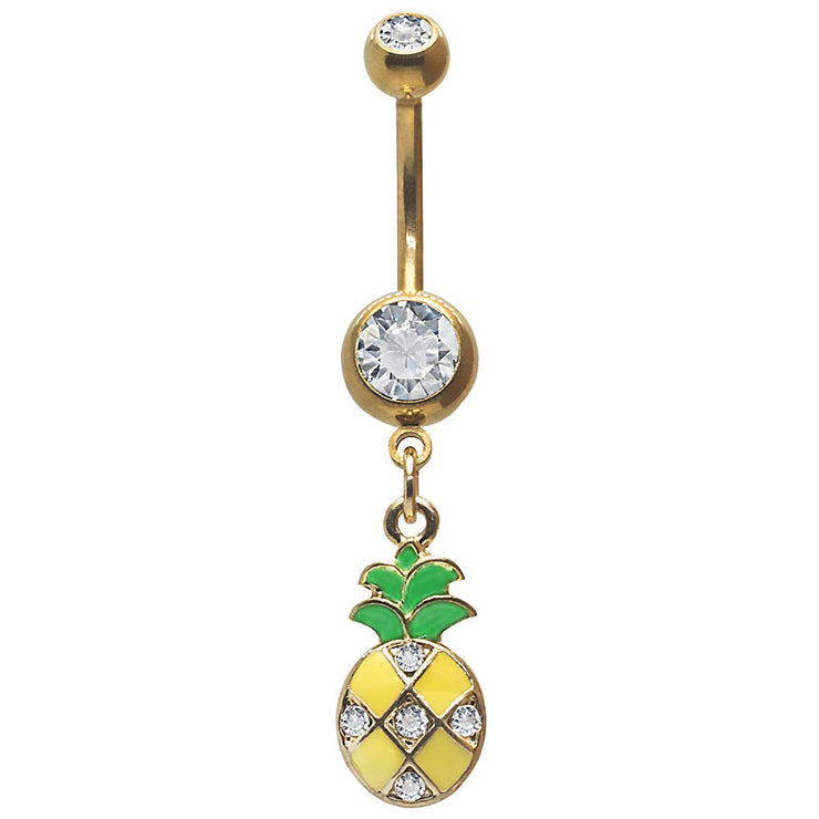 Dangle Belly Button Ring Pinapple Pendant Accented with Clear Stones
