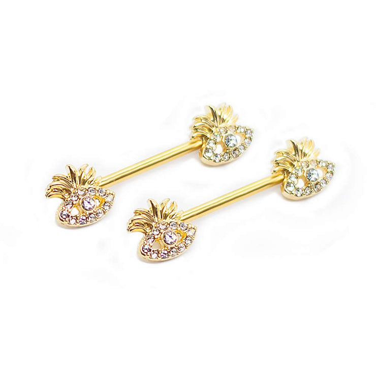 Pierce2GO Gold Stainless Steel 14G 9/16" Barbell 2 Pack Pineapple Nipplerings Piercing Barbells Gold Eye Pendants Accented with Clear Stones
