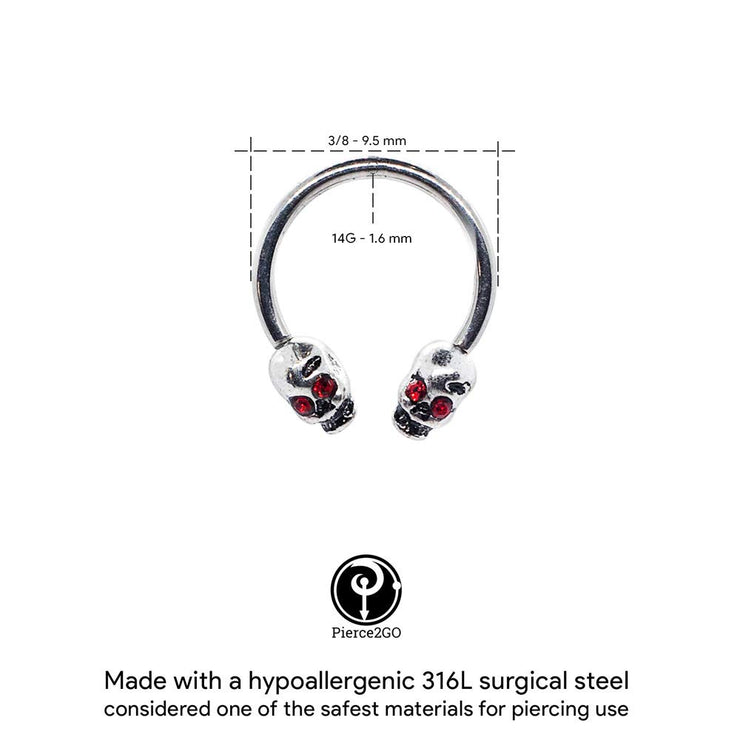 Pierce2GO 16G 2Pcs 316L Silver Stainless Steel Skull Red Stone Eyes Horseshoe 3/8" Ring Body Piercing Jewelry for Women
