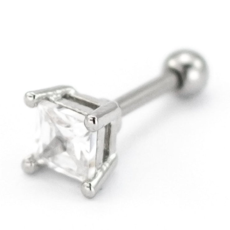 Pierce2GO Clear Square CZ Stone Cartilage/Tragus Ring - 316L Surgical Steel - 16 Gauge - 1/4" Barbell