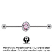 Pierce2GO 14G 38 MM Stainless Steel Pink Oval CZ Industrial Barbel Ear Piercing Bar 316L 1 1/2" Barbell