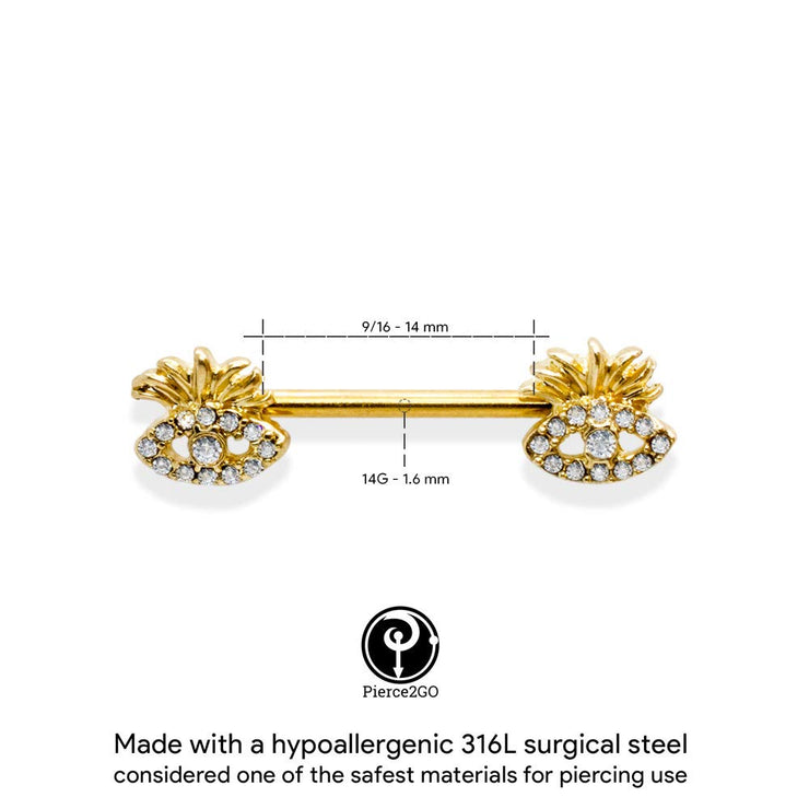 Pierce2GO Gold Stainless Steel 14G 9/16" Barbell 2 Pack Pineapple Nipplerings Piercing Barbells Gold Eye Pendants Accented with Clear Stones