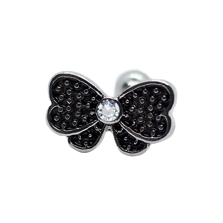 Pierce2GO Black Bow Cartilage/Tragus Ring with Clear Stone - Surgical Steel - 16 Gauge - 1/4" Barbell