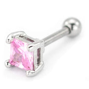 Pierce2GO Pink Square CZ Stone Cartilage/Tragus Ring - 316L Surgical Steel (Pink, 16 Gauge - 1/4")