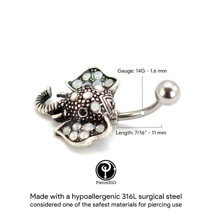 Pierce2GO Silver 14G Elephant Belly Button Ring White Faux Opal Stone Body Piercing Jewelry Women Navel Ring 316L Surgical Steel Barbell 7/16"