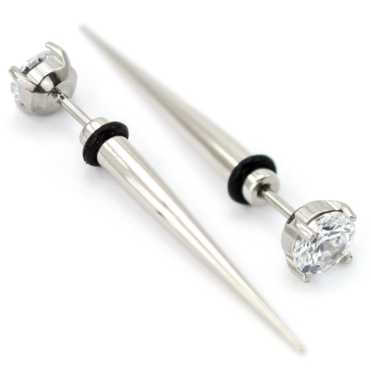Pierce2go Silver Faux Taper with Large Clear Stone - 16 Gauge - 1/4" Barbell Length