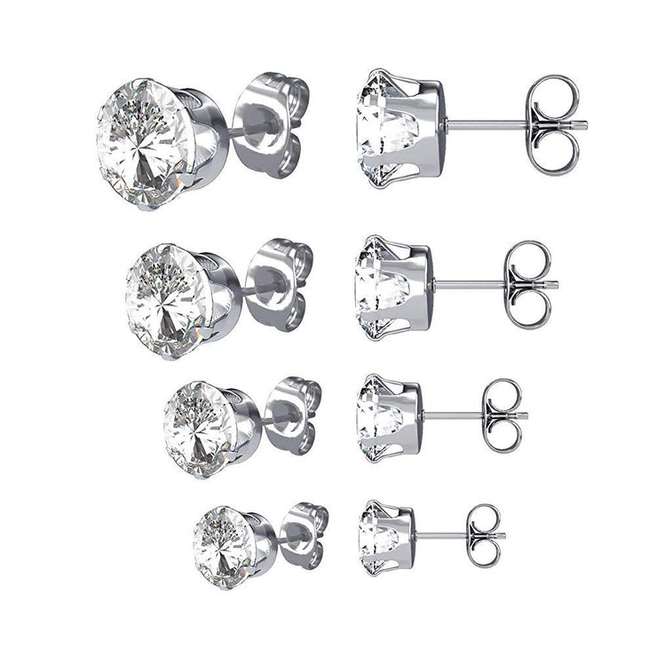 Pierce2GO (4 Pairs Womens Silver 316L Surgical Stainless Steel Round Clear Cubic Zirconia Stud Earring 3-6MM
