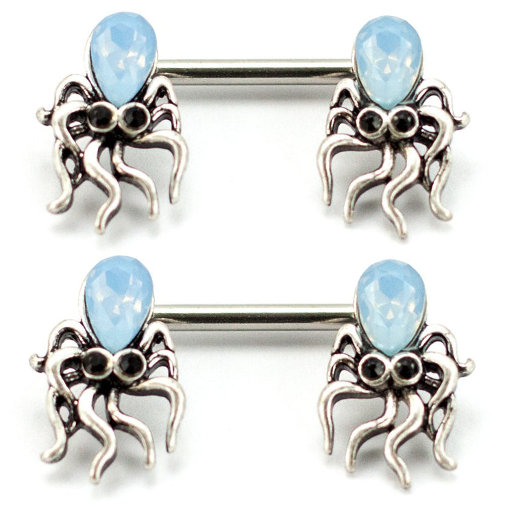 Nipple Piercing 2 Pack Silver Octopus with Light Blue Stone, 14 Gauge - 9/16" Barbell