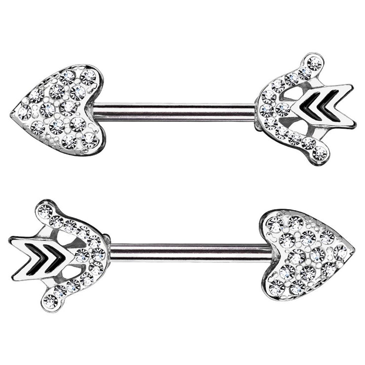 CZ Paved Silver Heart Arrow and Bow End Nipple Rings, 316L Steel - 14 Gauge - 9/16" Barbell (2 Pack)