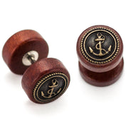 Pierce2GO 2 x Wooden Faux Plug with Antique Gold Anchor - 16 Gauge - 1/4" 316L Barbell