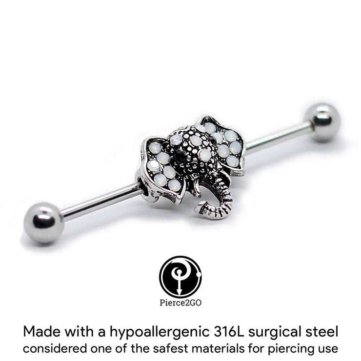 Pierce2GO 14G 38mm Surgical Steel Elephant Head with AB Stones Industrial Barbell Ear Piercing Bar 1 1/2".