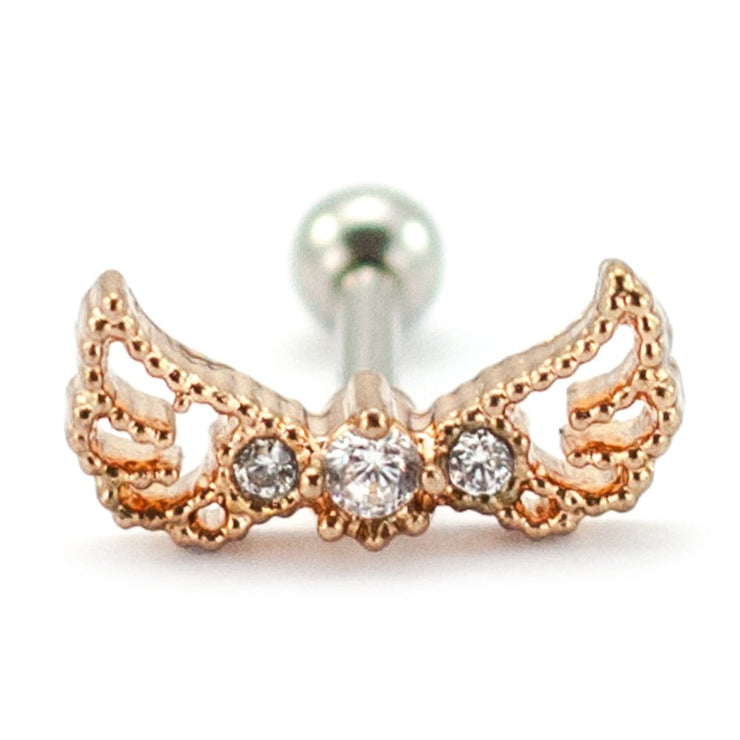 Pierce2go Rose Gold Wings Cartilage/Tragus Ring with Clear Stones - 16 Gauge - 1/4" Length