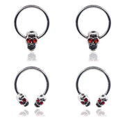 Pierce2GO Silver 16G 14G 4Pcs 316L Stainless Steel Skull Red Stone Eyes Captive Bead Ring and Horseshoe 3/8" Ring Body Piercing Jewelry for Women