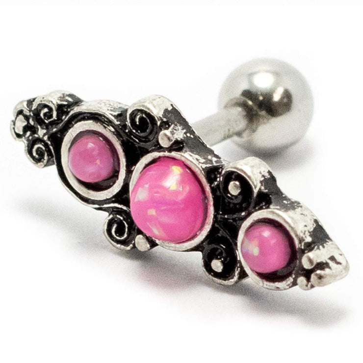 Pierce2GO Silver Cartilage/Tragus Ring with Pink Opal Stones - 316L Surgical Steel - 16 Gauge - 1/4" Barbell