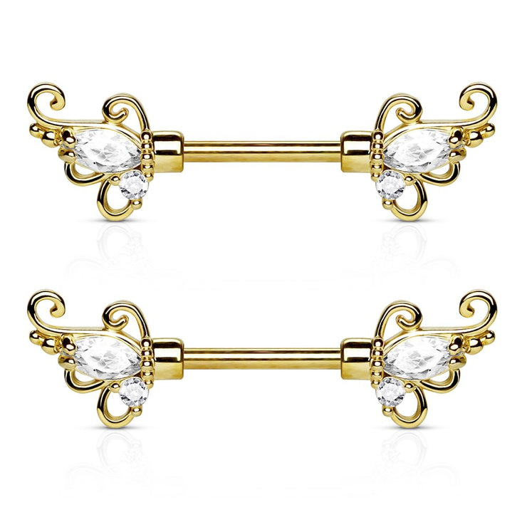 Gold Floral Filigree Nipple Piercing with Clear CZ - 14 Gauge - 9/16" Barbell