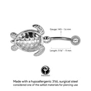 Pierce2GO Silver 14G Sea Turtle Belly Button Ring 316L Surgical Steel Piercing Ocean Theme