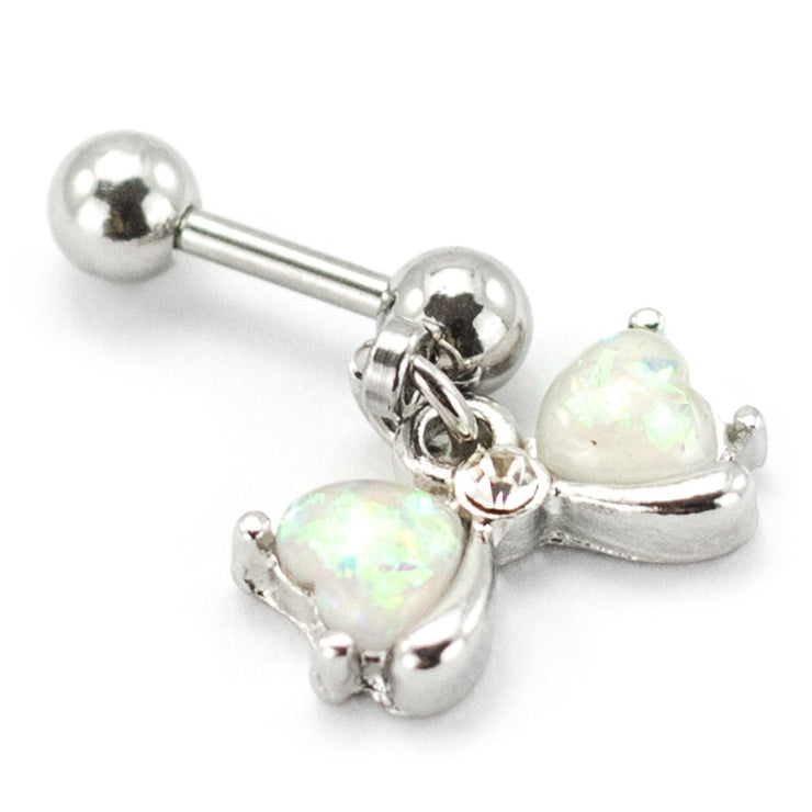 Pierce2go Silver Bow Cartilage/Tragus Ring with White Opalite Stone - 16 Gauge - 1/4" Barbell Length