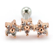 Pierce2go Three Rose Gold Flowers Cartilage/Tragus Ring with Clear Stones - 16 Gauge - 1/4" Length