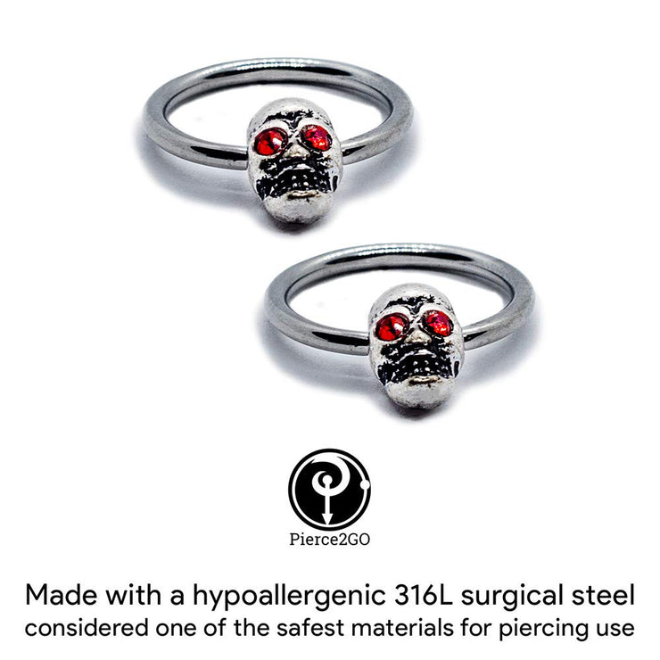 Pierce2GO 16G 2Pcs 316L Silver Stainless Steel Skull Red Stone Eyes Captive Bead Ring 3/8" Ring Body Piercing Jewelry for Women