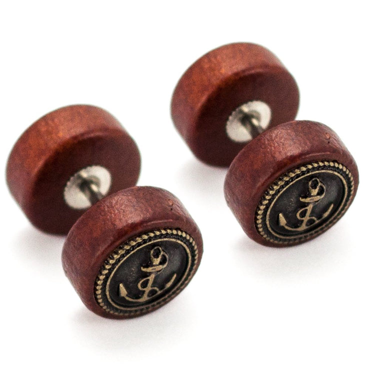 Pierce2GO 2 x Wooden Faux Plug with Antique Gold Anchor - 16 Gauge - 1/4" 316L Barbell