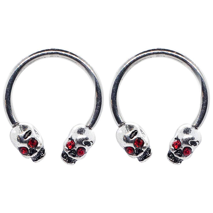 Pierce2GO 16G 2Pcs 316L Silver Stainless Steel Skull Red Stone Eyes Horseshoe 3/8" Ring Body Piercing Jewelry for Women