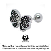 Pierce2GO Black Bow Cartilage/Tragus Ring with Clear Stone - Surgical Steel - 16 Gauge - 1/4" Barbell