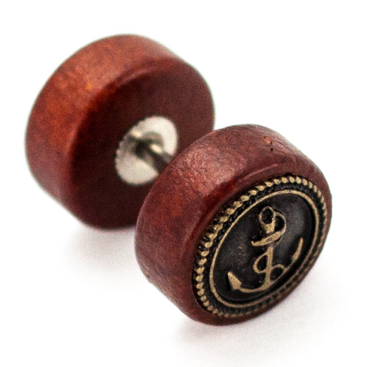 Pierce2GO Wooden Faux Plug with Antique Gold Anchor - 16 Gauge - 1/4" 316L Barbell (1 Pack)
