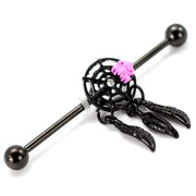 14G Black Dream Catcher Industrial Piercing with Pink Spider 1 1/2" Barbell