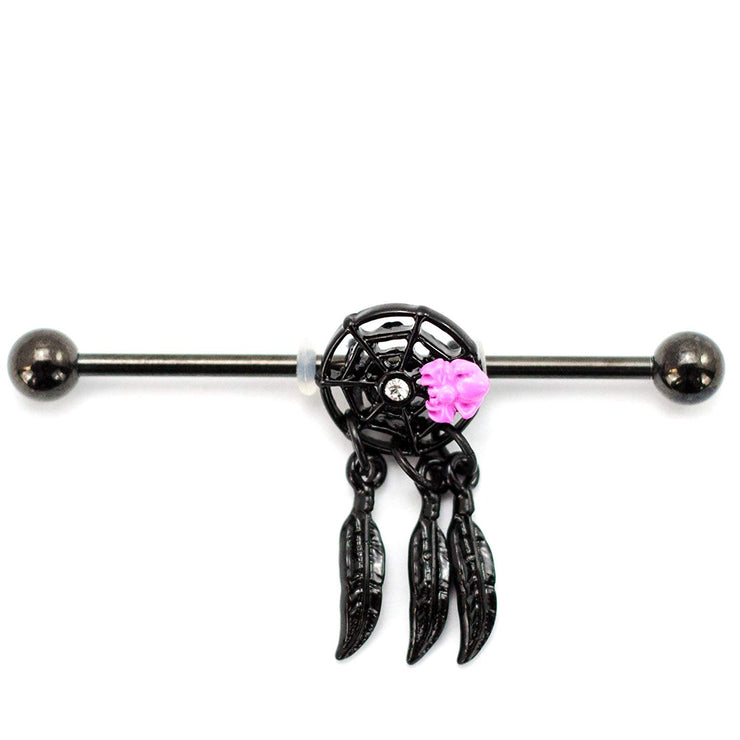 14G Black Dream Catcher Industrial Piercing with Pink Spider 1 1/2" Barbell
