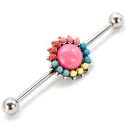 Pierce2GO 14G 38 MM Stainless Steel Sun Pendant with Pink Center Stone Industrial Barbell Ear Piercing Bar 1 1/2