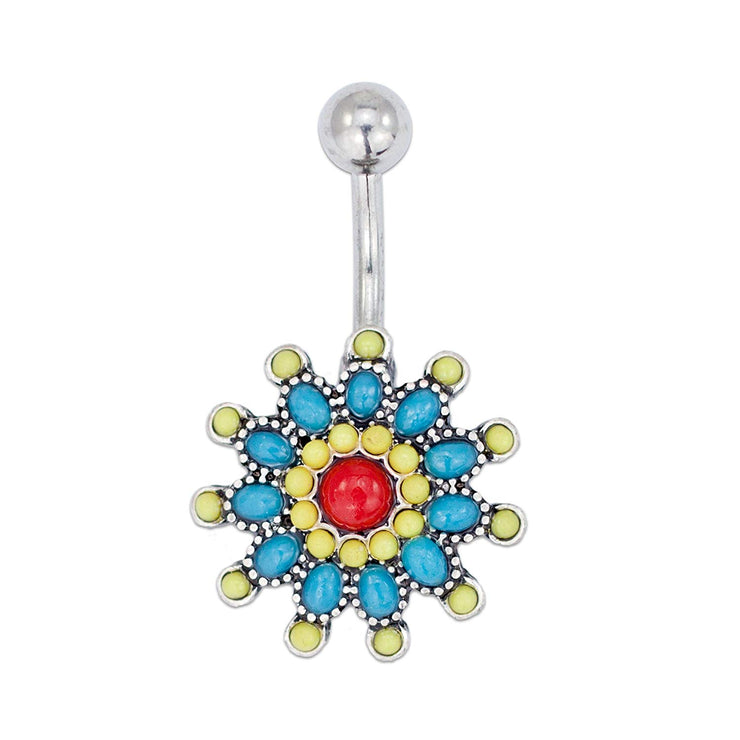 Tribal Sunflower Belly Ring Piercing, Floral Theme Belly Banana - Sunflower Navel Ring, Stainless Steel Flower Belly Button Ring, 14 Gauge - 7/16" Barbell Length - 316L Surgical Steel