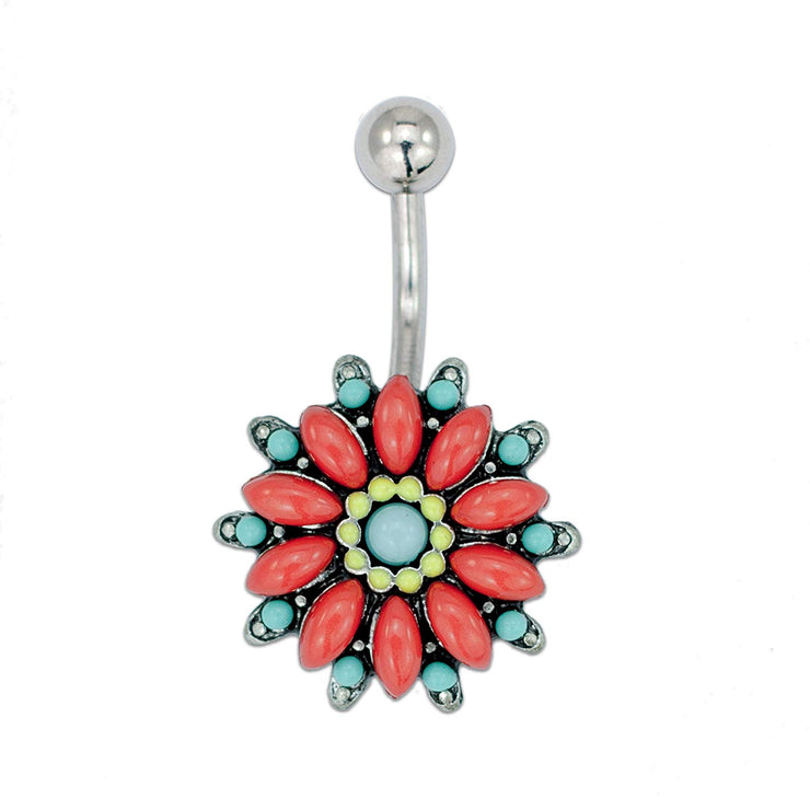 Tribal Flower Belly Ring Piercing, Floral Theme Belly Banana - Flower Navel Ring, Stainless Steel Flower Belly Button Ring, 14 Gauge - 7/16" Barbell Length - 316L Surgical Steel