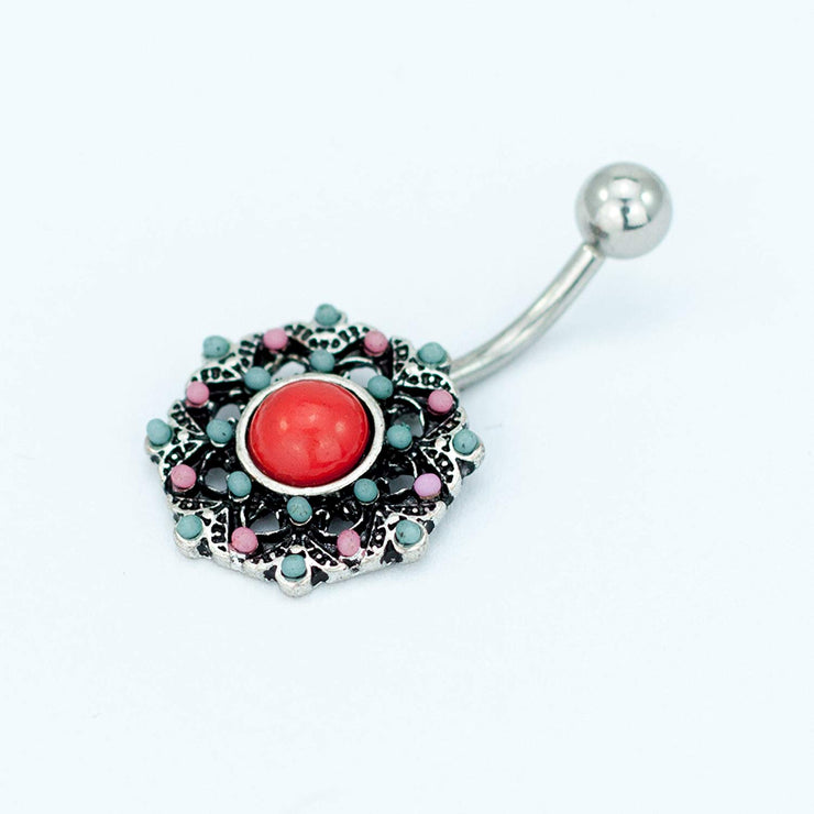 Tribal Belly Ring Piercing, Tribal Theme Belly Banana - Tribal Navel Ring, Stainless Steel Tribal Belly Button Ring, 14 Gauge - 7/16" Barbell Length - 316L Surgical Steel