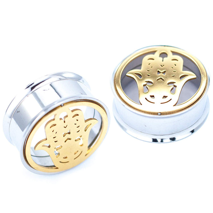 Pierce2GG Stainless Steel Gold Hamsa Hand Ear Gauges Flesh Tunnels Plugs Stretchers Expander Ear Piercing Jewelry