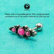 Pierce2GO Silver Cartilage/Tragus Ring with Pink Opal Stones - 316L Surgical Steel - 16 Gauge - 1/4" Barbell