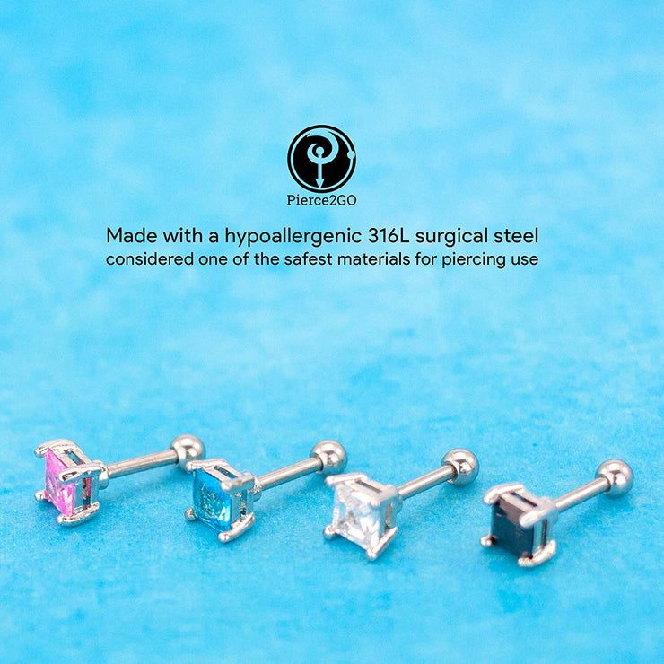 Pierce2Go Pink Square CZ Stone Cartilage/Tragus Ring - 316L Surgical Steel (Black, 16 Gauge - 1/4")