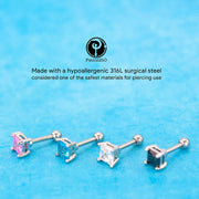 Pierce2GO 4 Pack - Square CZ Stone Cartilage/Tragus Ring - 316L Surgical Steel - 16 Gauge - 1/4" Barbell