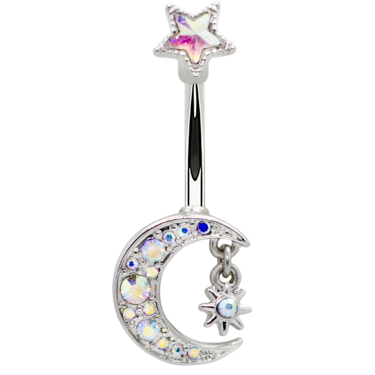 Crystal Moon Pendant Belly Button Rings with Hanging Star
