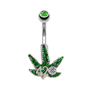 14G 7/16" Green 4/20 Weed Marijuana Belly ring With Cz Stone
