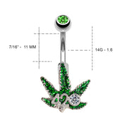 14G 7/16" Green 4/20 Weed Marijuana Belly ring With Cz Stone