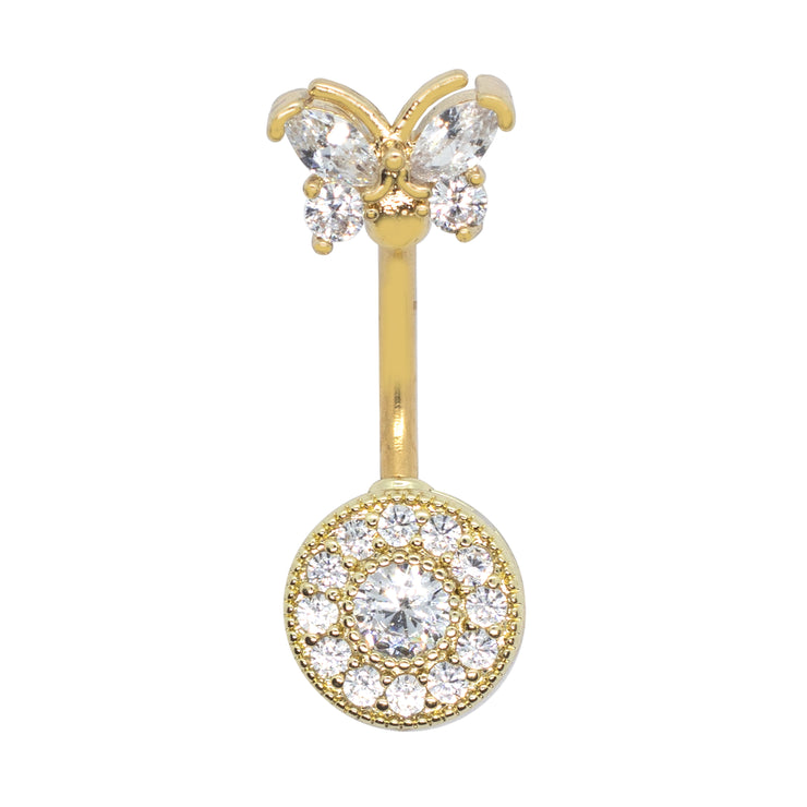 Pierce2GO 14G 7/16" Butterfly Top Belly Ring With Round Bottom Pendant with CZ Stones