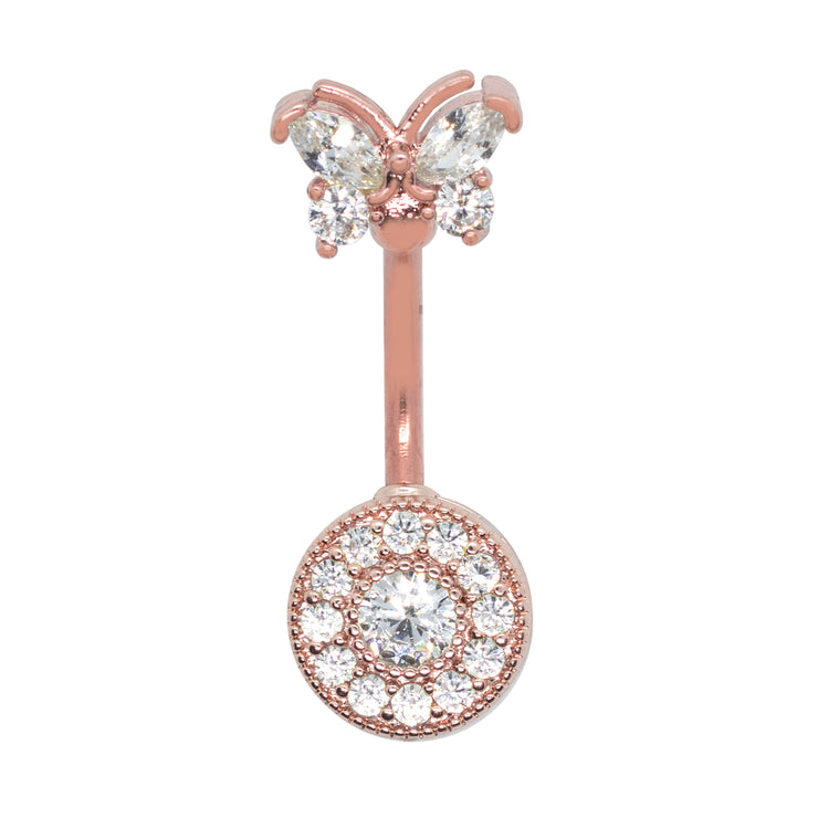 Pierce2GO 14G 7/16" Butterfly Top Belly Ring With Round Bottom Pendant with CZ Stones