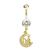 PierceGO 316L Anodized Gold 316L Cat and Half Moon Dangle Belly Ring accented with clear cz stones